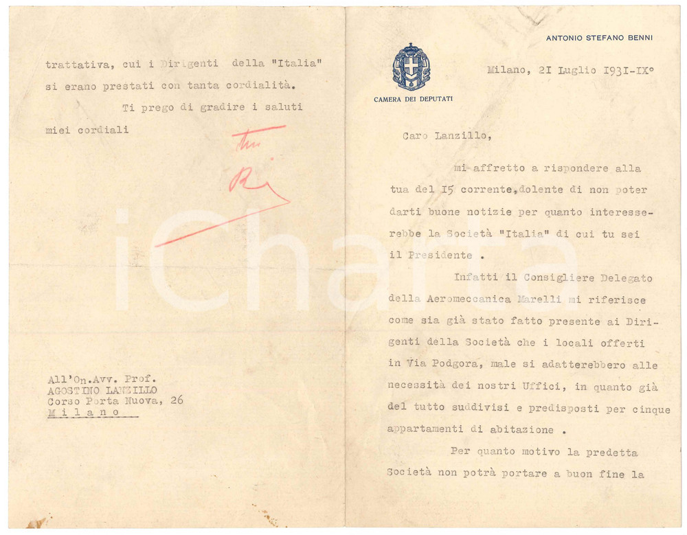 Autografo originale 1931 MILANO Lettera on. Antonio Stefano BENNI su trattativa locali Autografo 1