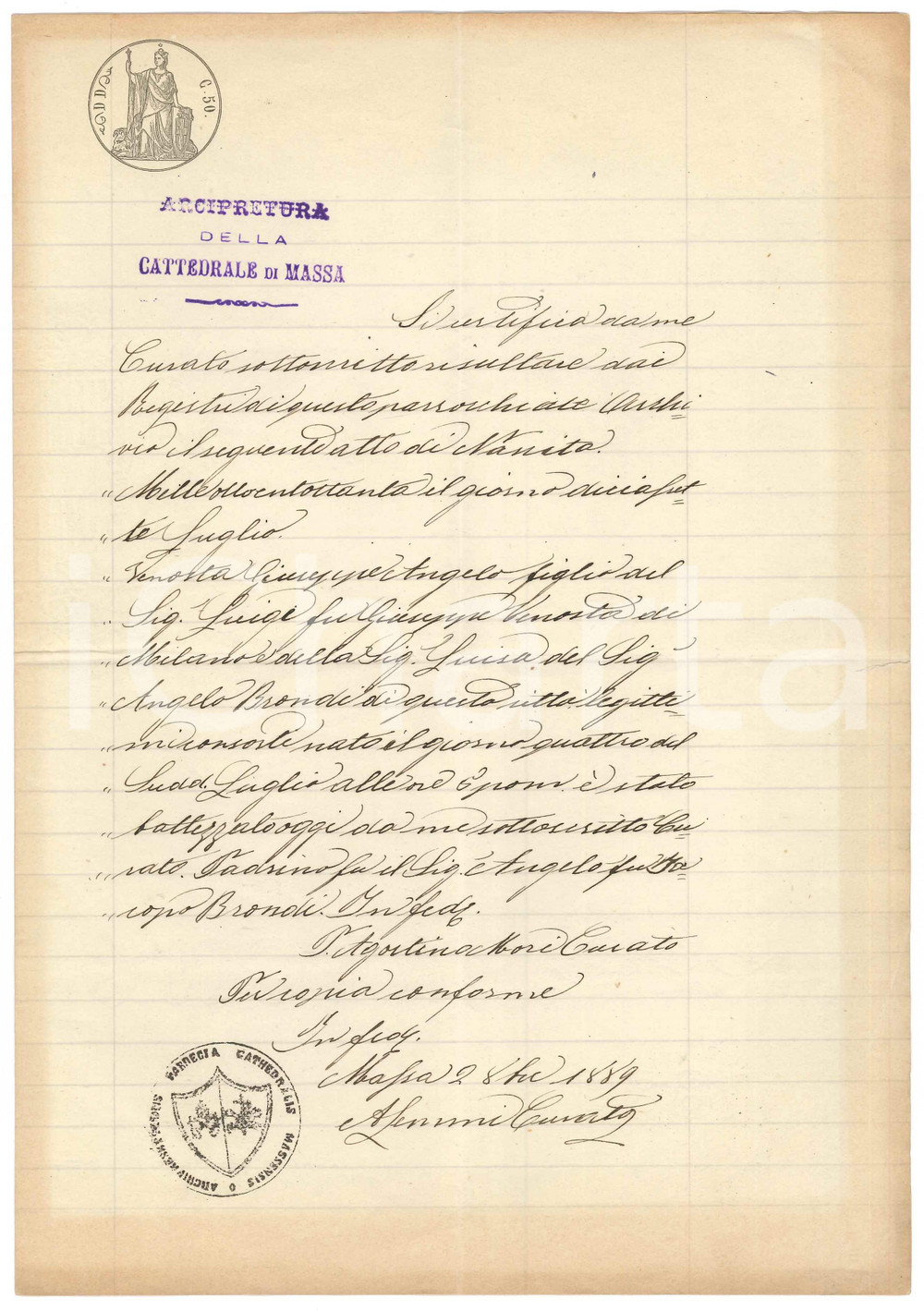 Documento originale, autentico 1889 Arcipretura Cattedrale MASSA Certificato nascita Giuseppe Angelo VENOSTA 1