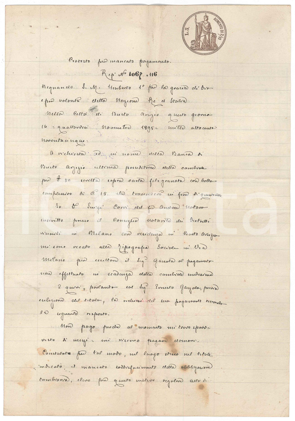 Documento originale, autentico 1895 BUSTO ARSIZIO Atto di protesto contro Tipografia Sociale di Ernesto GAZZOLA 1