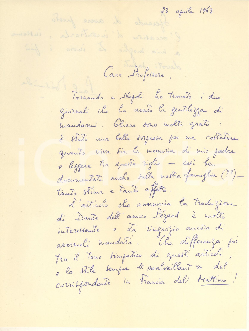 Autografo originale 1963 NAPOLI Lettera Paul BEDARIDA per articoli sul padre Henri Autografo 1