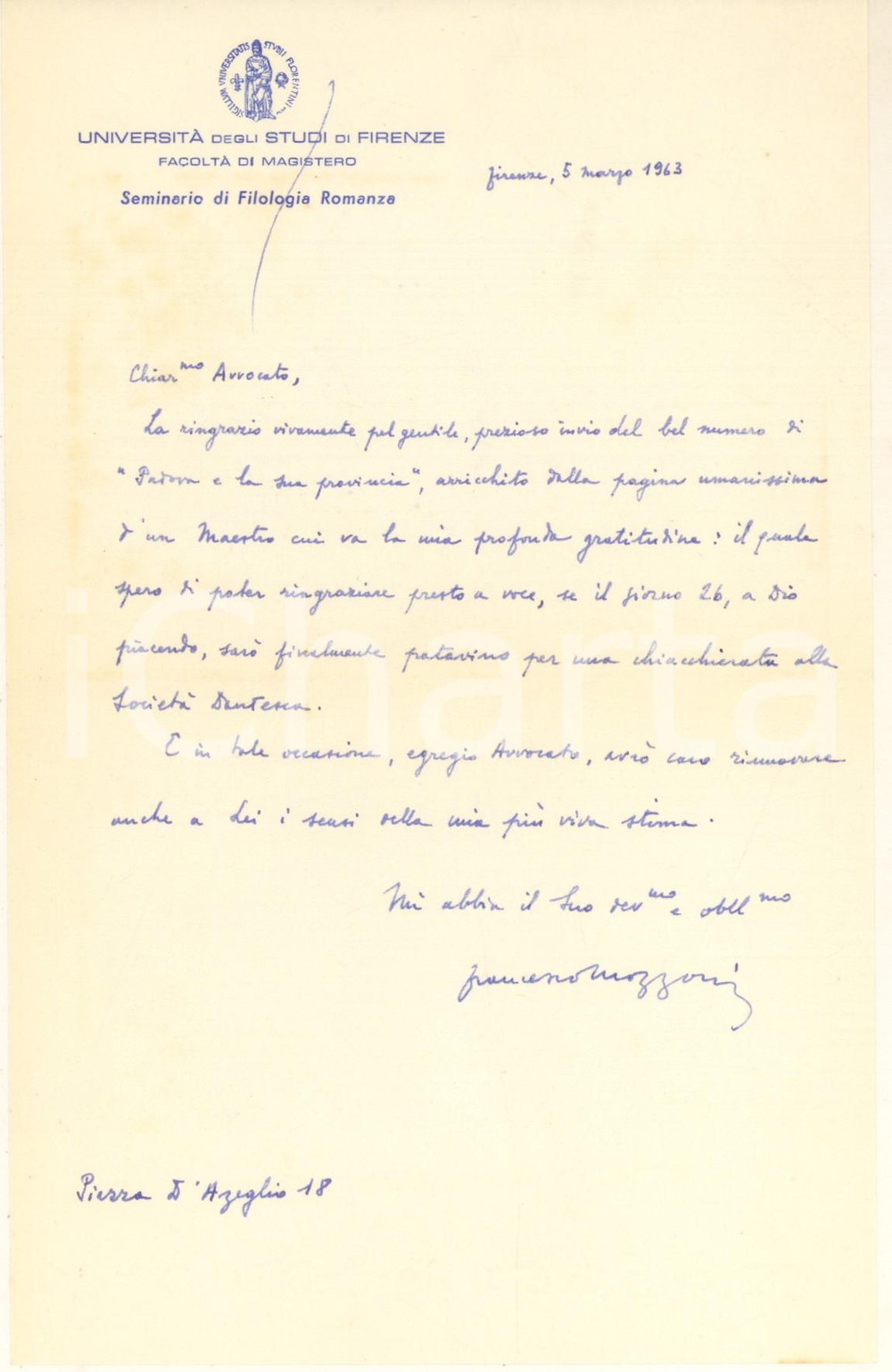 Autografo originale 1963 FIRENZE Lettera Francesco MOZZONI per rivista ricevuta Autografo 1