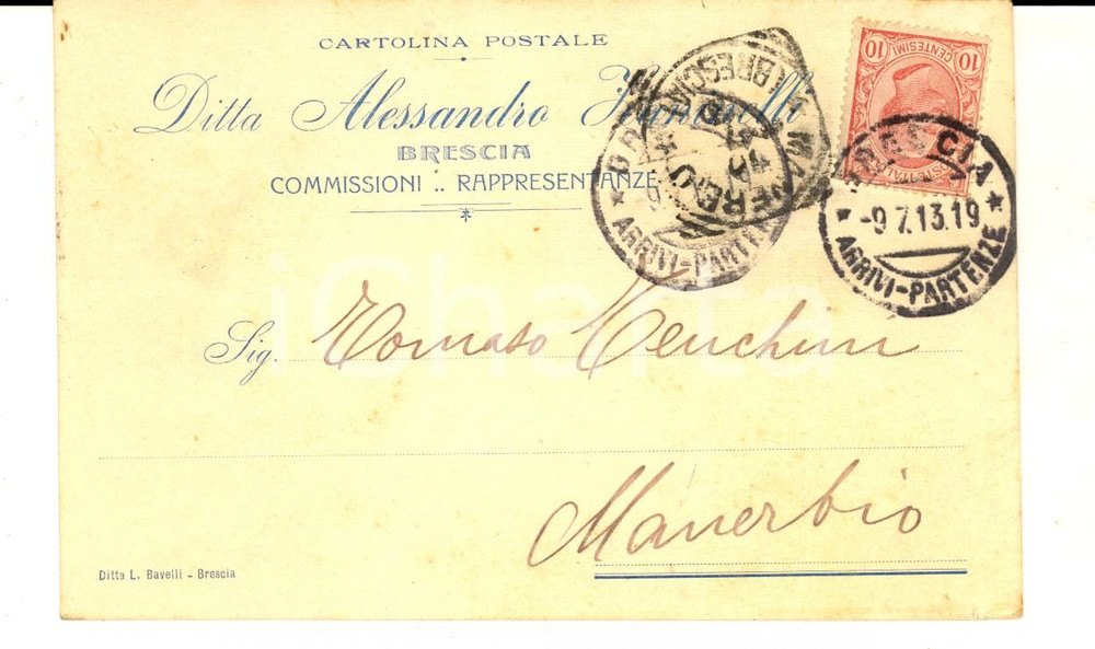 Cartolina originale da collezione 1913 BRESCIA Ditta Alessandro ZANINELLI rappresentanze  Cartolina commerciale 1