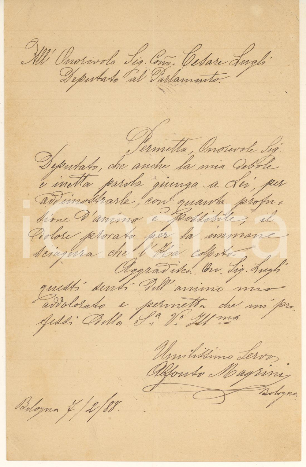 Autografo originale 1888 BOLOGNA Lettera Alfonso MAGRINI architetto  Condoglianze Autografo 1