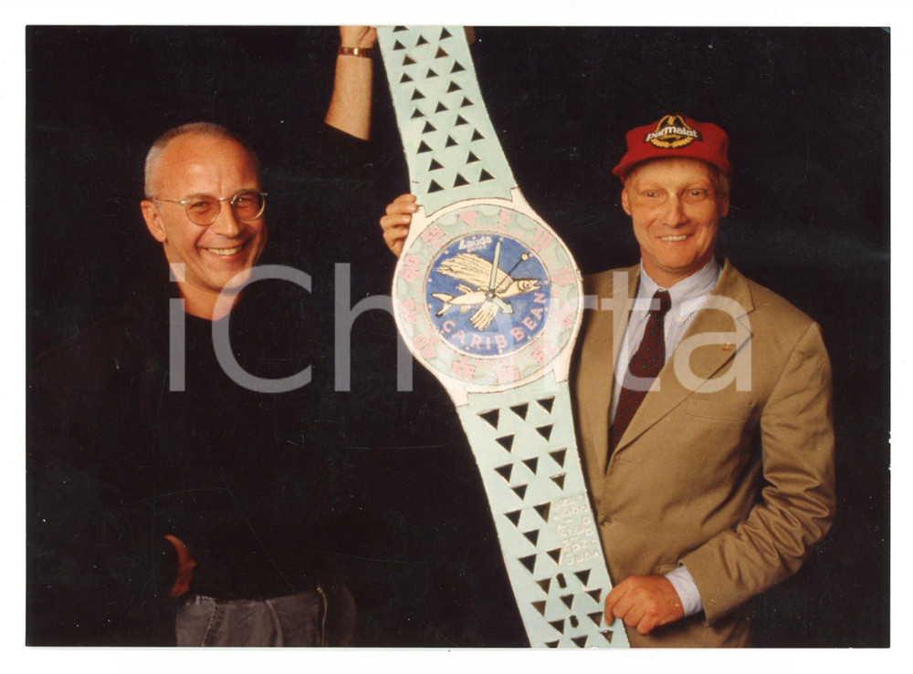 Fotografia d epoca originale 1990 ca Niki LAUDA e RAUSCH con orologio LAUDA SWISS CARIBBEAN Foto 17x12 cm 1