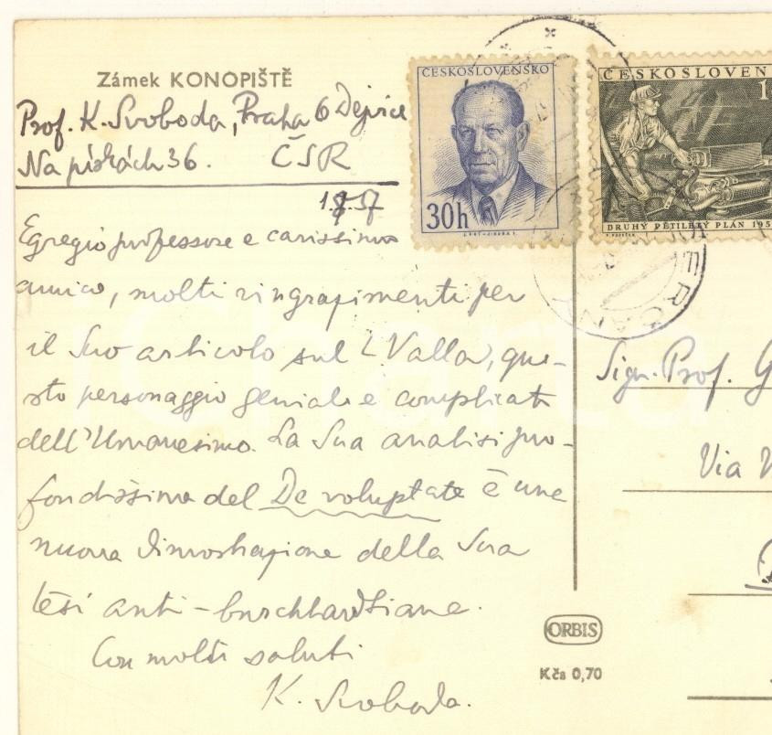 Autografo originale 1957 PRAGA Prof. Karel SVOBODA ringrazia per articolo Autografo 1