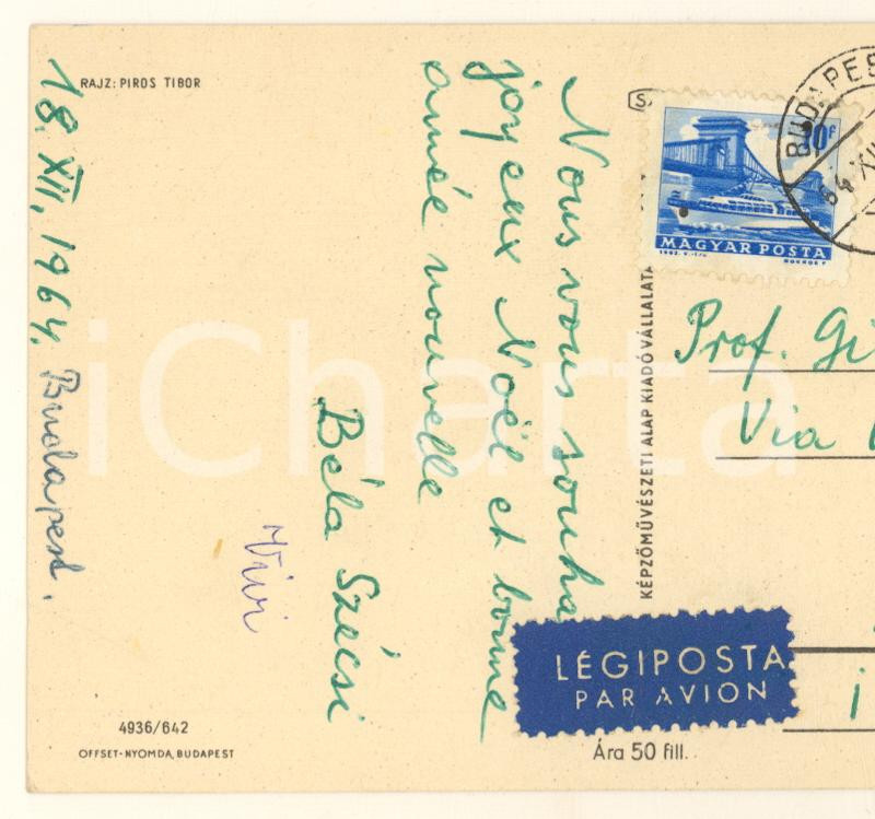 Autografo originale 1964 BUDAPEST BÃ©la SZECSI  Cartolina auguri di Natale Autografo 1