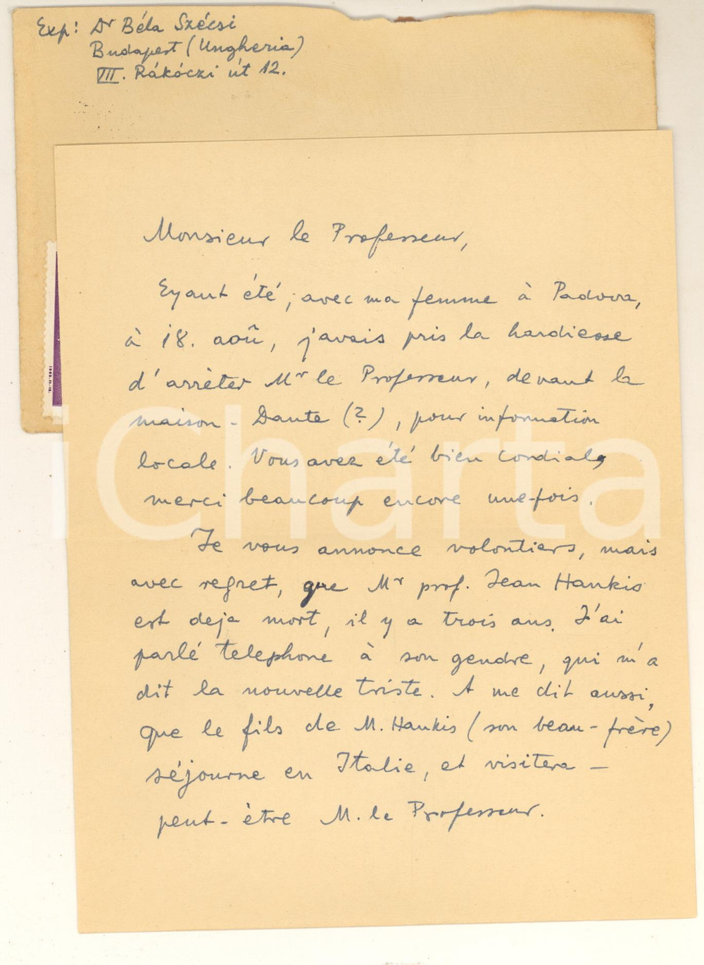 Autografo originale 1963 BUDAPEST Lettera BÃ©la SZECSI in morte del prof. Jean HANKIS Autografo 1