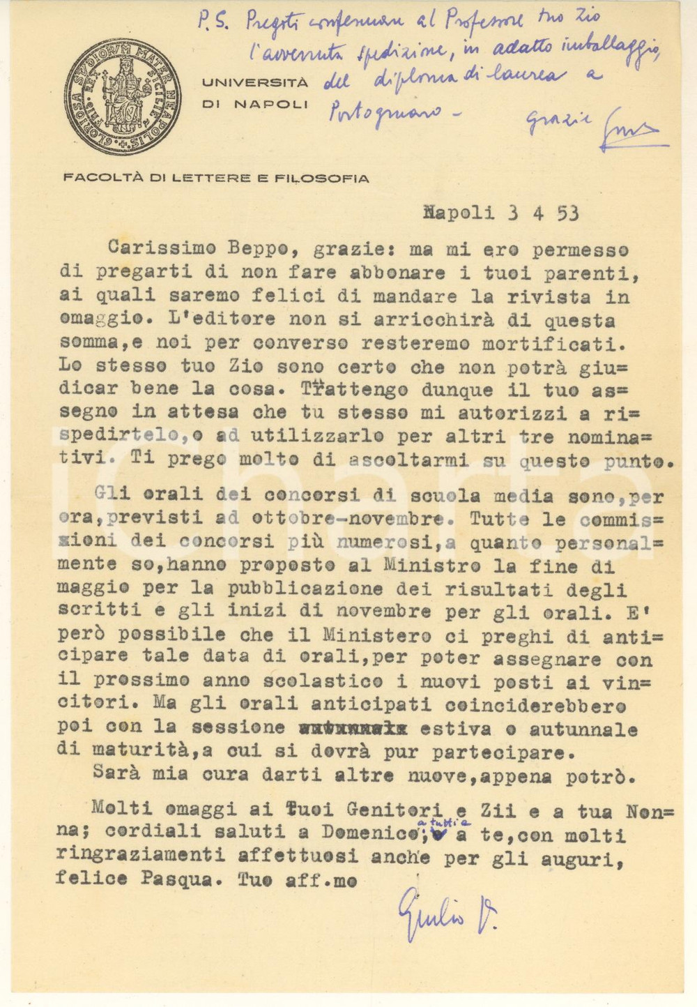 Autografo originale 1953 Università di NAPOLI Lettera Giulio VALLESE per omaggio rivista Autografo 1