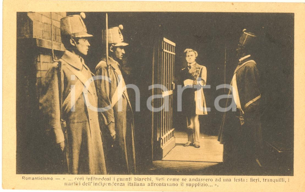 1915 CINEMA MUTO "Romanticismo" - Martiri dell'indipendenza italiana *Cartolina Cartolina postale d'epoca del film prodotto dalla Società Anonima Ambrosio di Torino. Non viaggiata. FAIR/discreto lieve piegatura angolare Formato: 14x9 cm originale e autentica 1