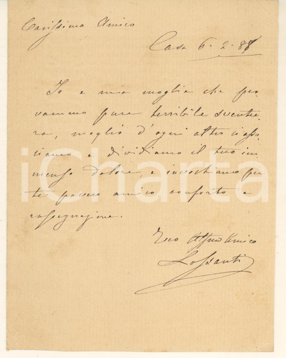 Autografo originale 1888 BOLOGNA Lettera Livio LOSSANTI consigliere comunale  Autografo 1