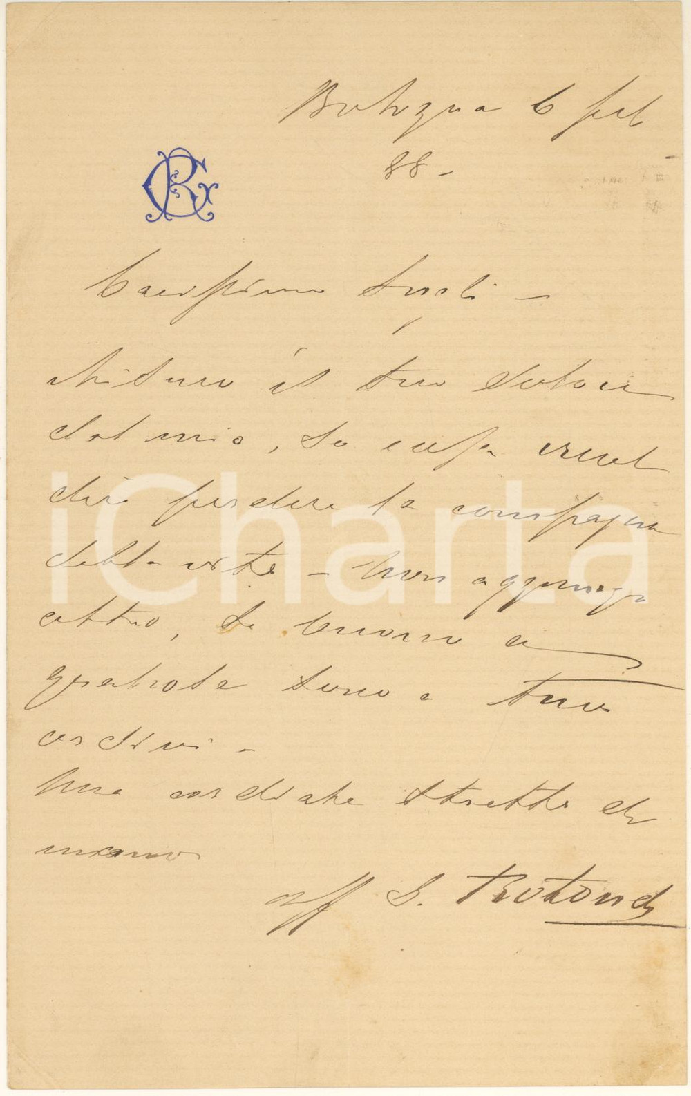 Autografo originale 1888 BOLOGNA Lettera Giovanni ROTONDI giurista  Condoglianze Autografo 1