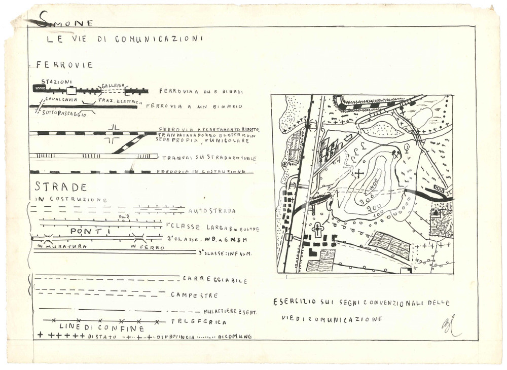 Stampa, bozzetto originale 1941 MILANO Ist. Magistrale Virgilio  Strade nelle carte topografiche  Tavola 1