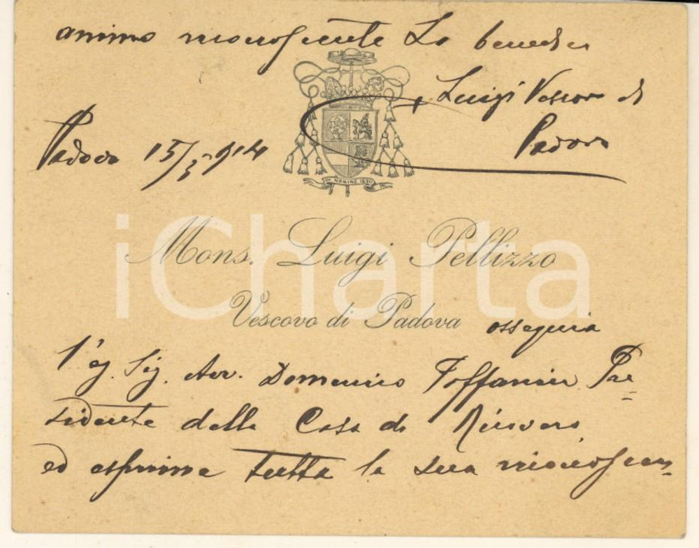 1914 PADOVA Monsignor Luigi PELLIZZO - Ringraziamento *Biglietto autografo Biglietto da visita con messaggio autografo, scritto su entrambe le facciate.  GOOD/buono  Formato: 11x9 cm originale e autentica 1