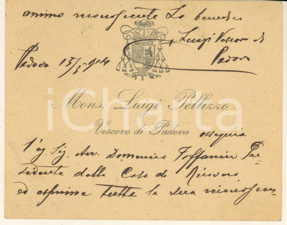 Autografo originale 1914 PADOVA Monsignor Luigi PELLIZZO  Ringraziamento Biglietto autografo 1