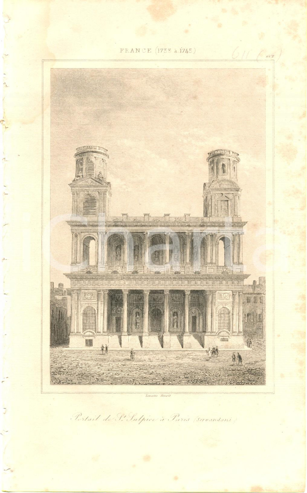 Stampa, bozzetto originale 1840 PARIS FRANCE Portail Eglise SAINTSULPICE Stampa inc. LEMAITRE 1