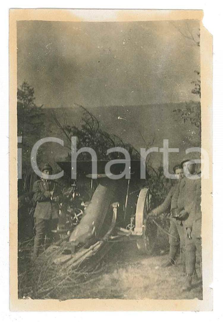 Fotografia d epoca originale 1918 ? WW1 ZONA DI GUERRA Soldati di artiglieria con cannone  Foto 7x9 cm 2 1