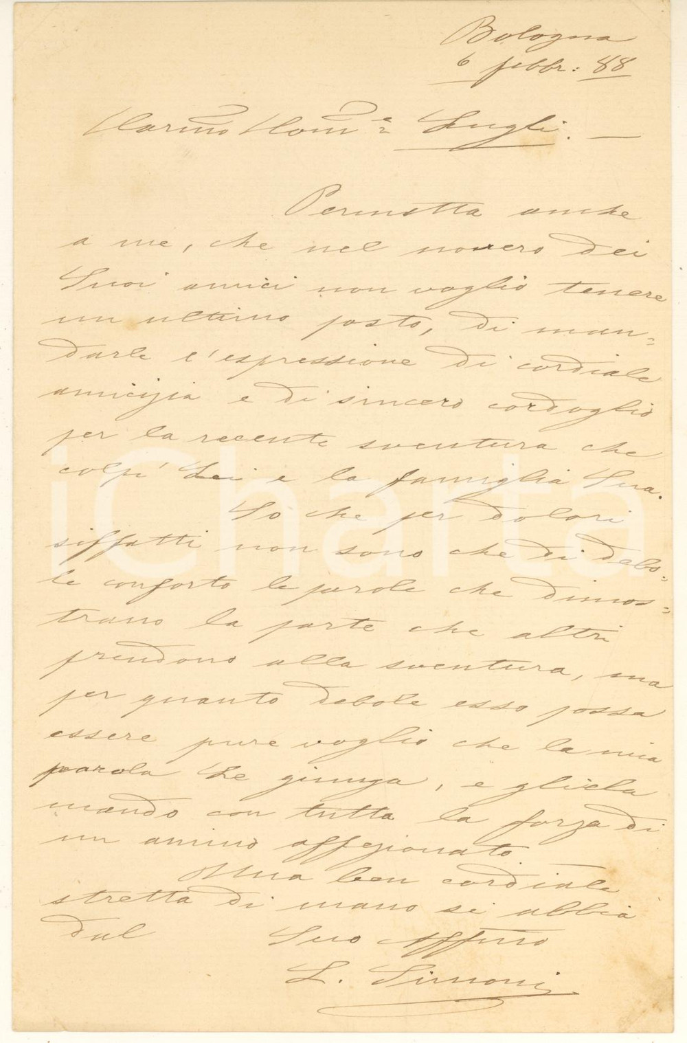 Autografo originale 1888 BOLOGNA Lettera Luigi SIMONI giurista Associazione Romagne  Autografo 1