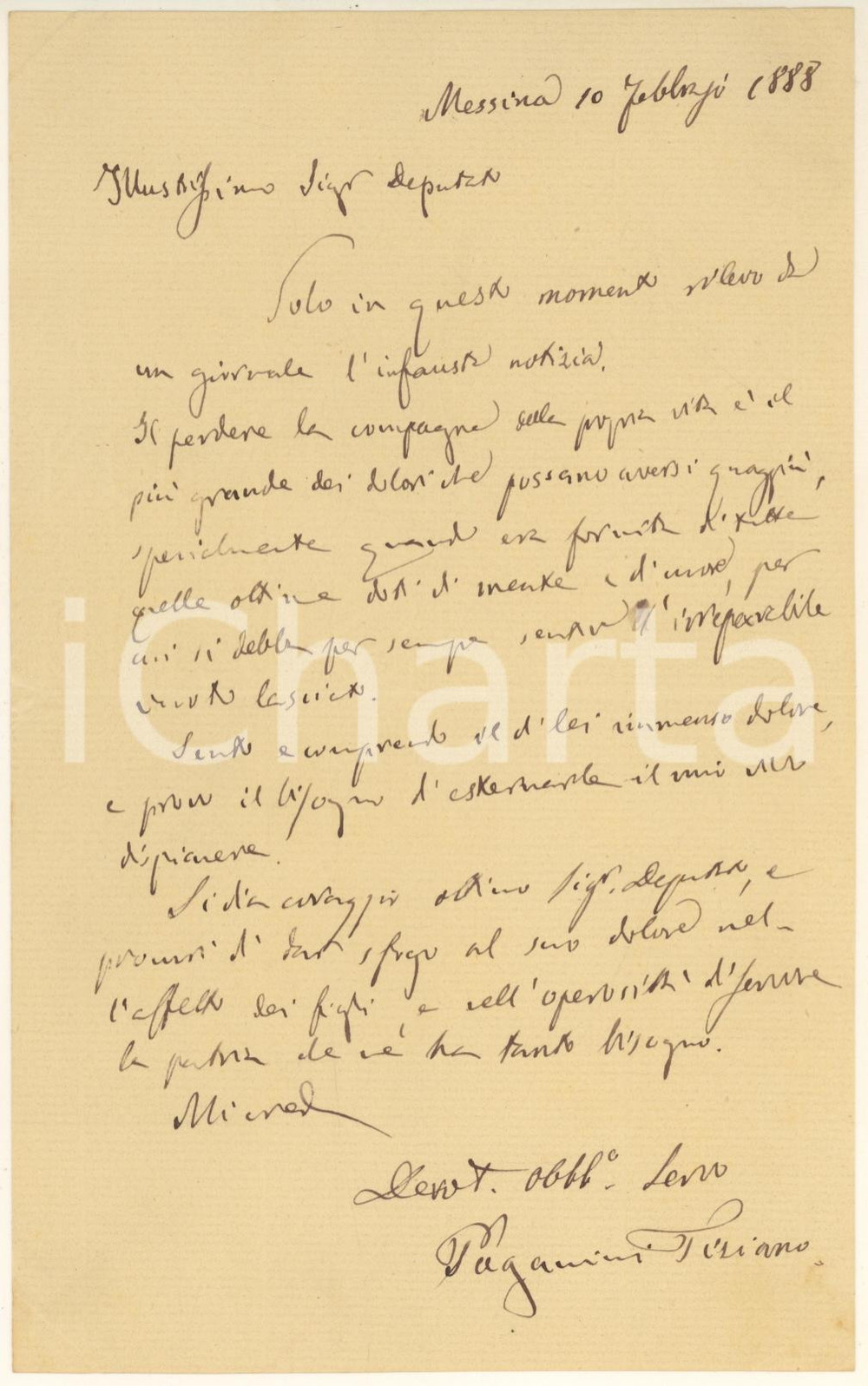 Autografo originale 1888 MESSINA Lettera Tiziano PAGANINI magistrato  Condoglianze Autografo 1