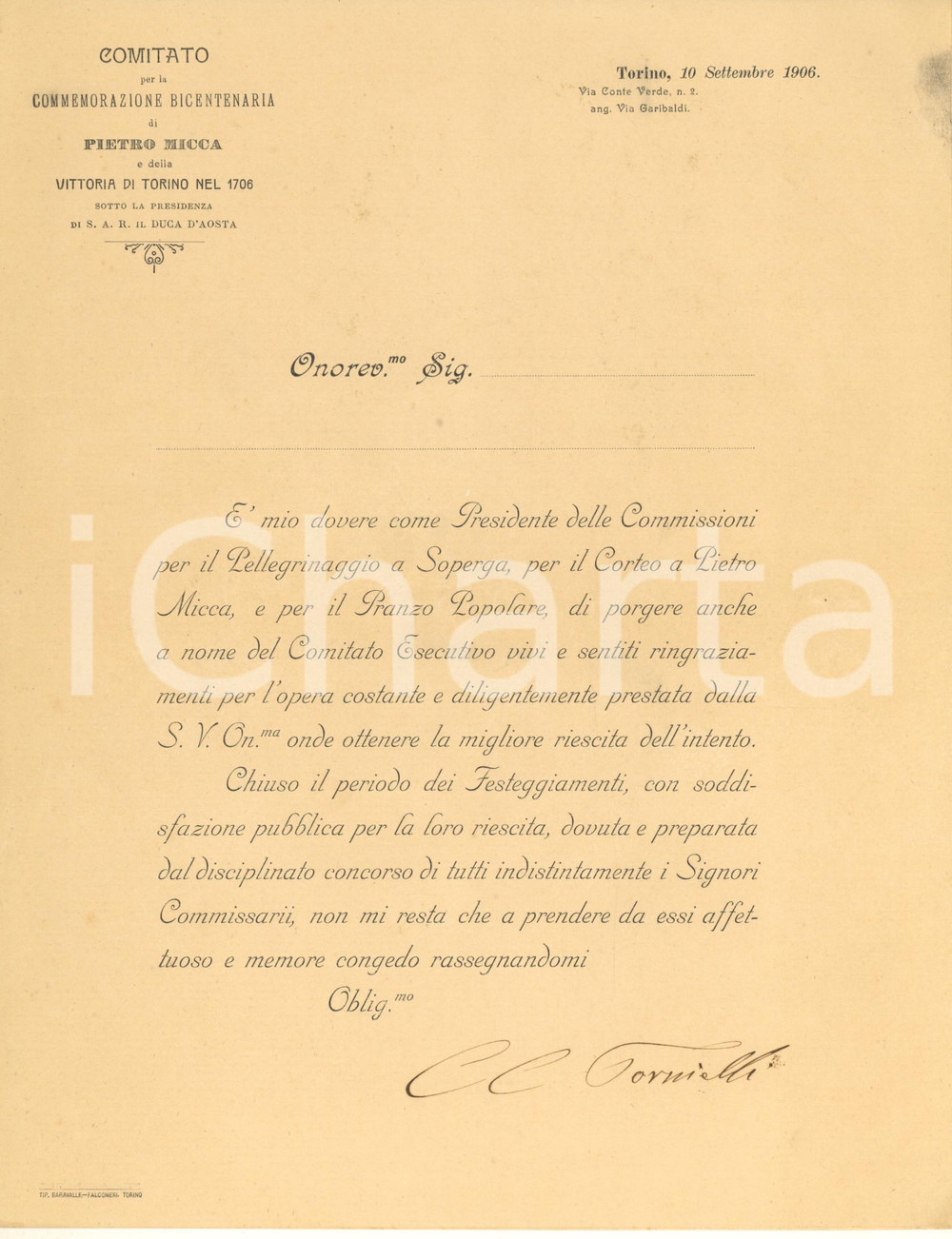 Documento originale, autentico 1906 TORINO Comitato bicentenario Pietro Micca  Autografo Celestino TORNIELLI 1 1