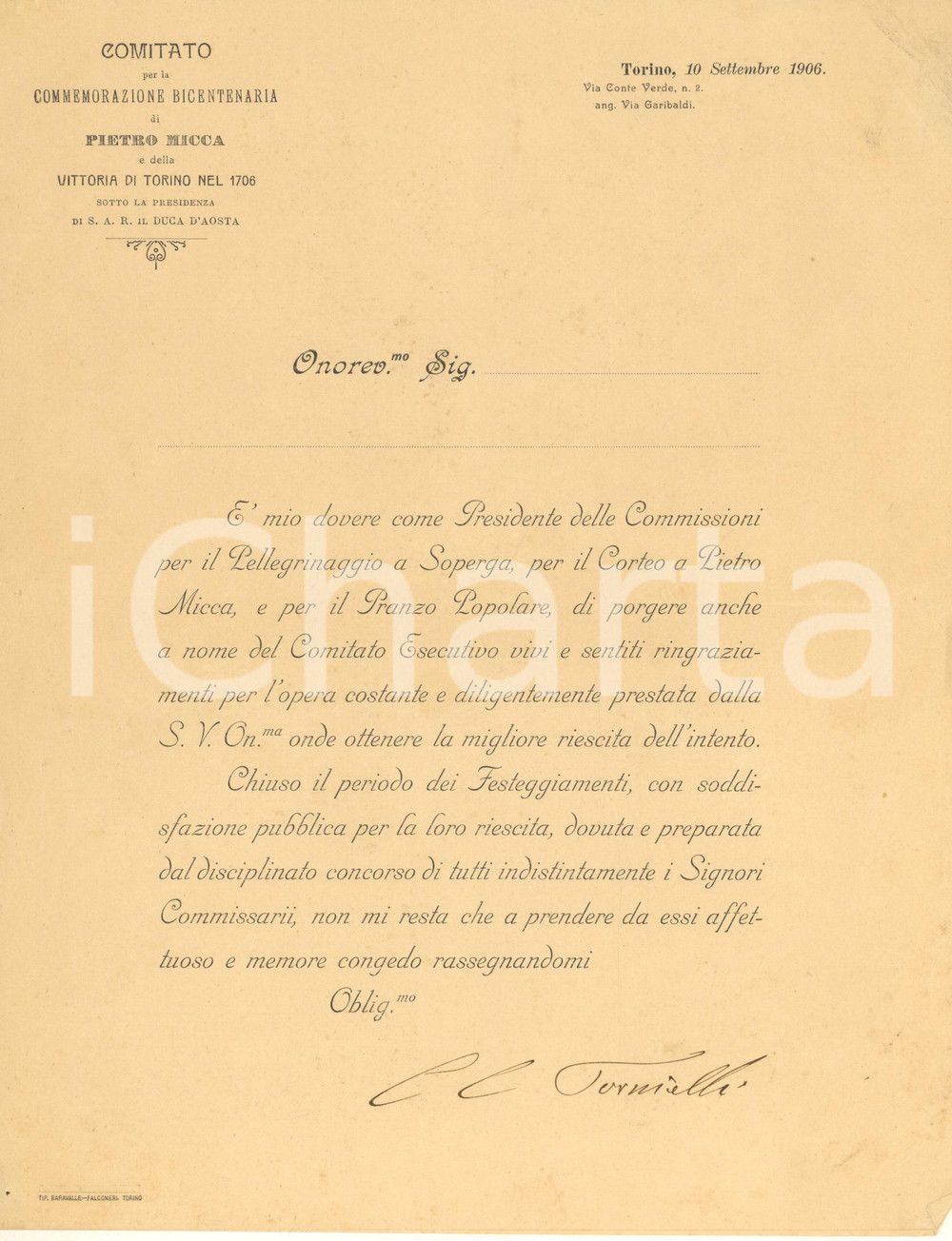 Documento originale, autentico 1906 TORINO Comitato bicentenario Pietro Micca  Autografo Celestino TORNIELLI 2 1