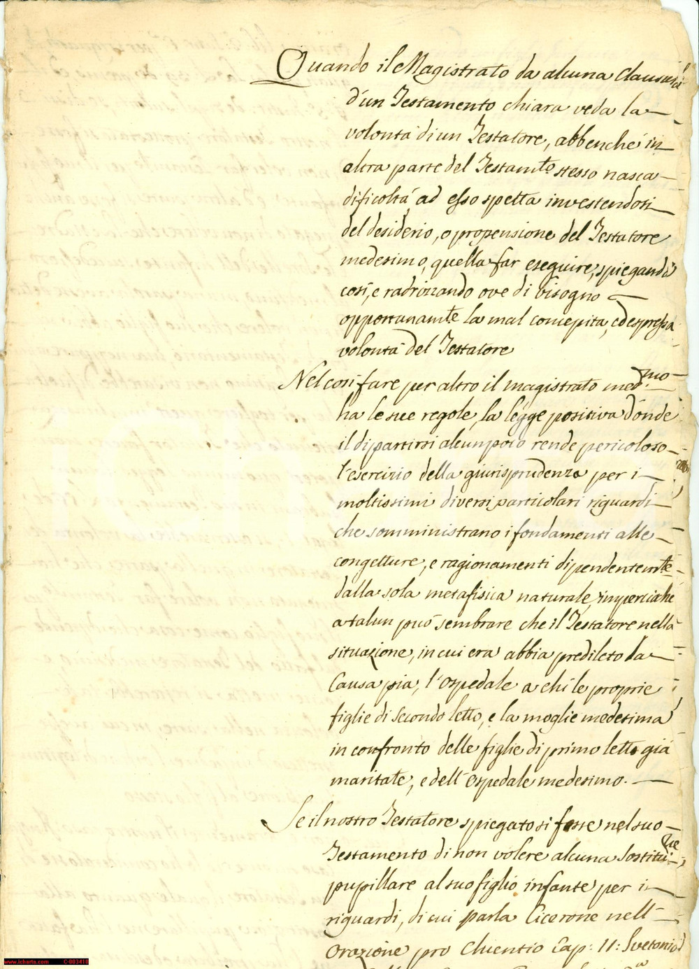 Manoscritto, lettera originale 1750 ca. ANONIMO Del rispetto delle volontà  del testatore Manoscritto 8 pagg. 1