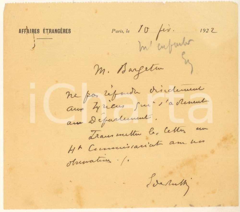 Autografo originale 1922 PARIS Affaires étrangères  Lettre DE RUFFI DE PONTEVÈSGÉVAUDAN Autographe 1