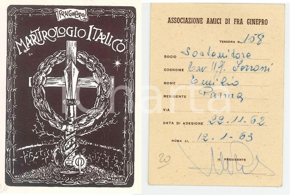 Oggetto da collezione cartaceo 1963 PARMA Ass. Amici di Fra Ginepro  Tessera di Emilio FERRONI  7x9 cm 1