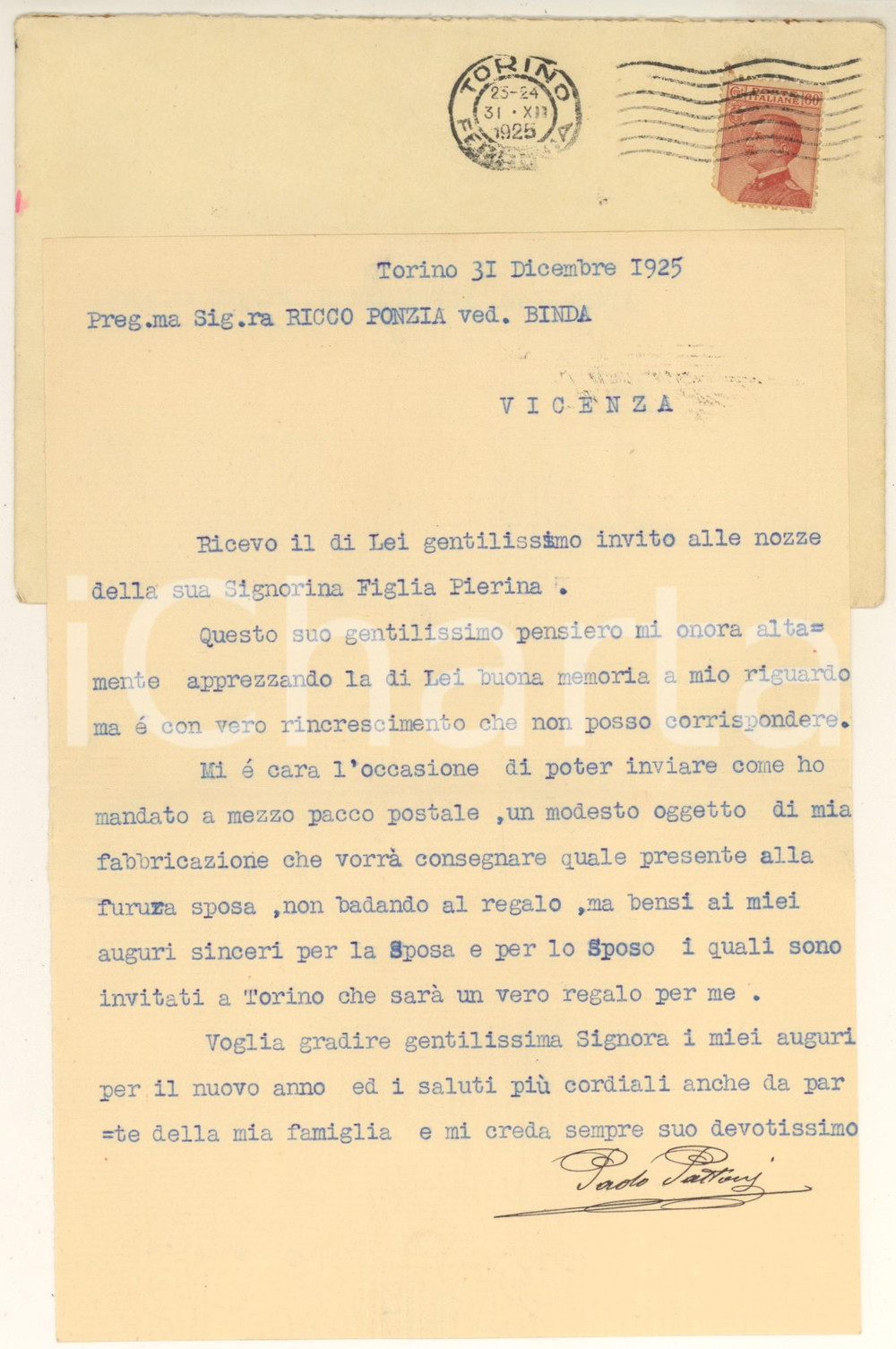 Manoscritto, lettera originale 1925 TORINO Lettera Paolo PATTONI per invito a un matrimonio 1