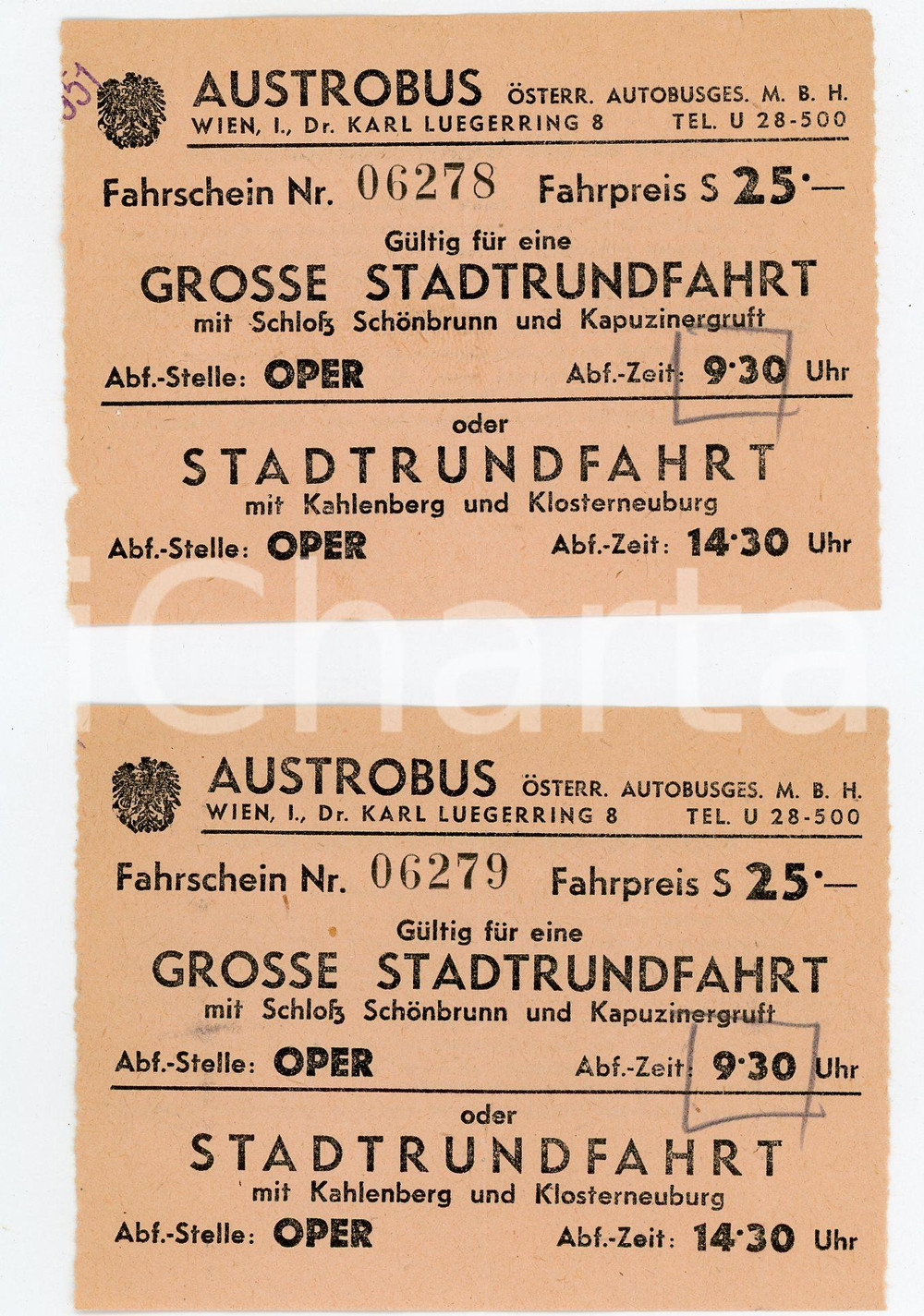 Oggetto da collezione cartaceo 1950 ca WIEN  AUSTROBUS Grosse stadtrundfahrt   Lot of 2 tickets 10x7 cm 1