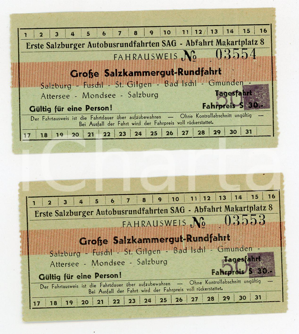 Oggetto da collezione cartaceo 1950 ca SALZBURG  SAG Grosse salzkammergut  rundfahrt   Lot of 2 tickets 9x5 1