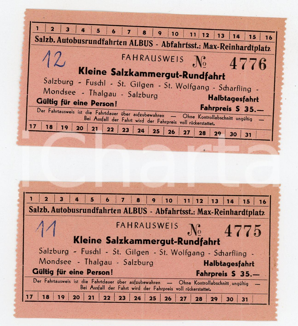 Oggetto da collezione cartaceo 1950 ca SALZBURG  ALBUS Kleine salzkammergut  rundfahrt  Lot of 2 tickets 9x5 1