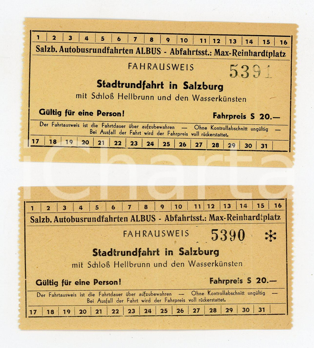 Oggetto da collezione cartaceo 1950 ca SALZBURG  ALBUS Stadtrundfahrt  Lot of 2 tickets 9x5 cm 1