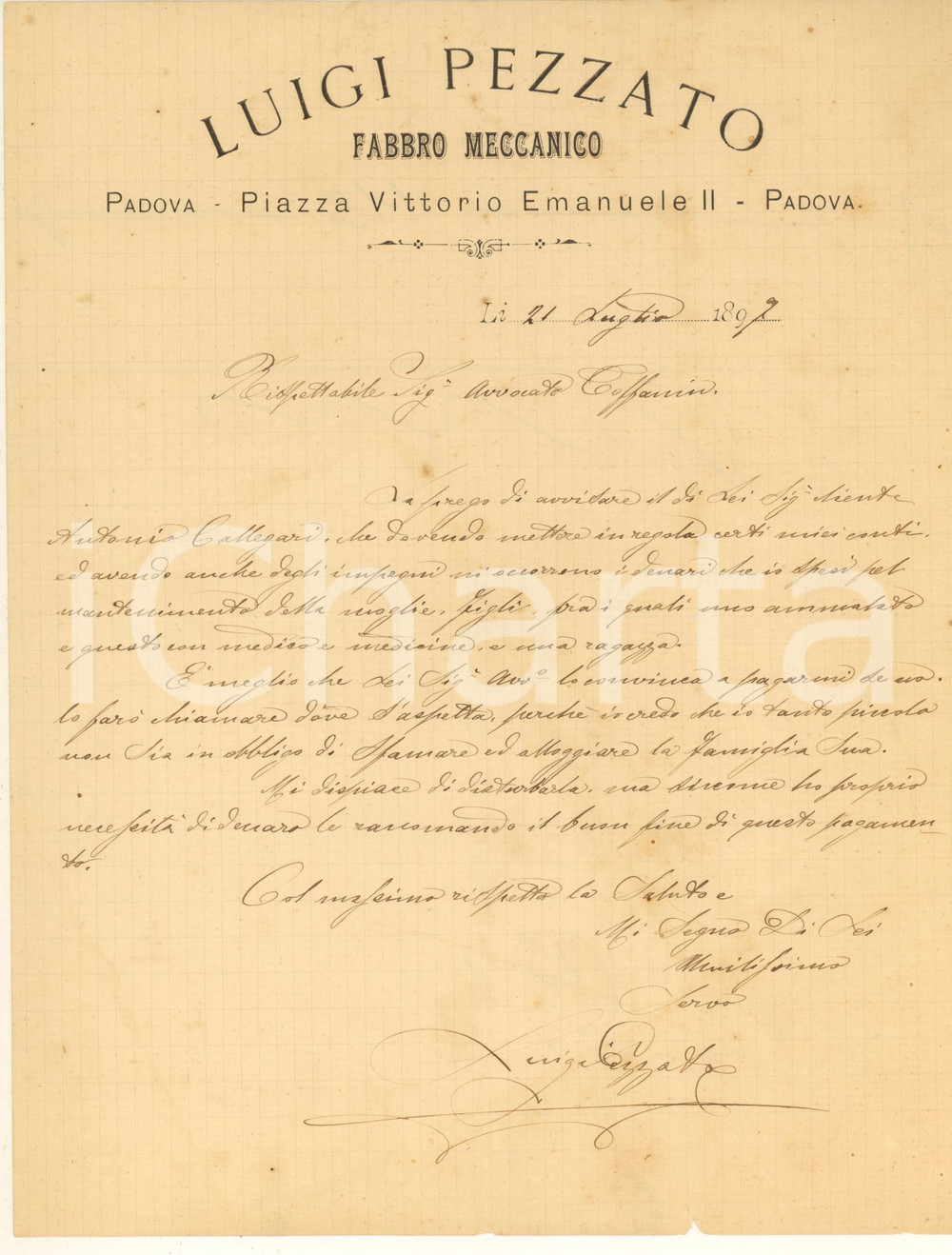 Manoscritto, lettera originale 1897 PADOVA Piazza Vittorio Emanuele II  Lettera Luigi PEZZATO fabbro meccanico 1