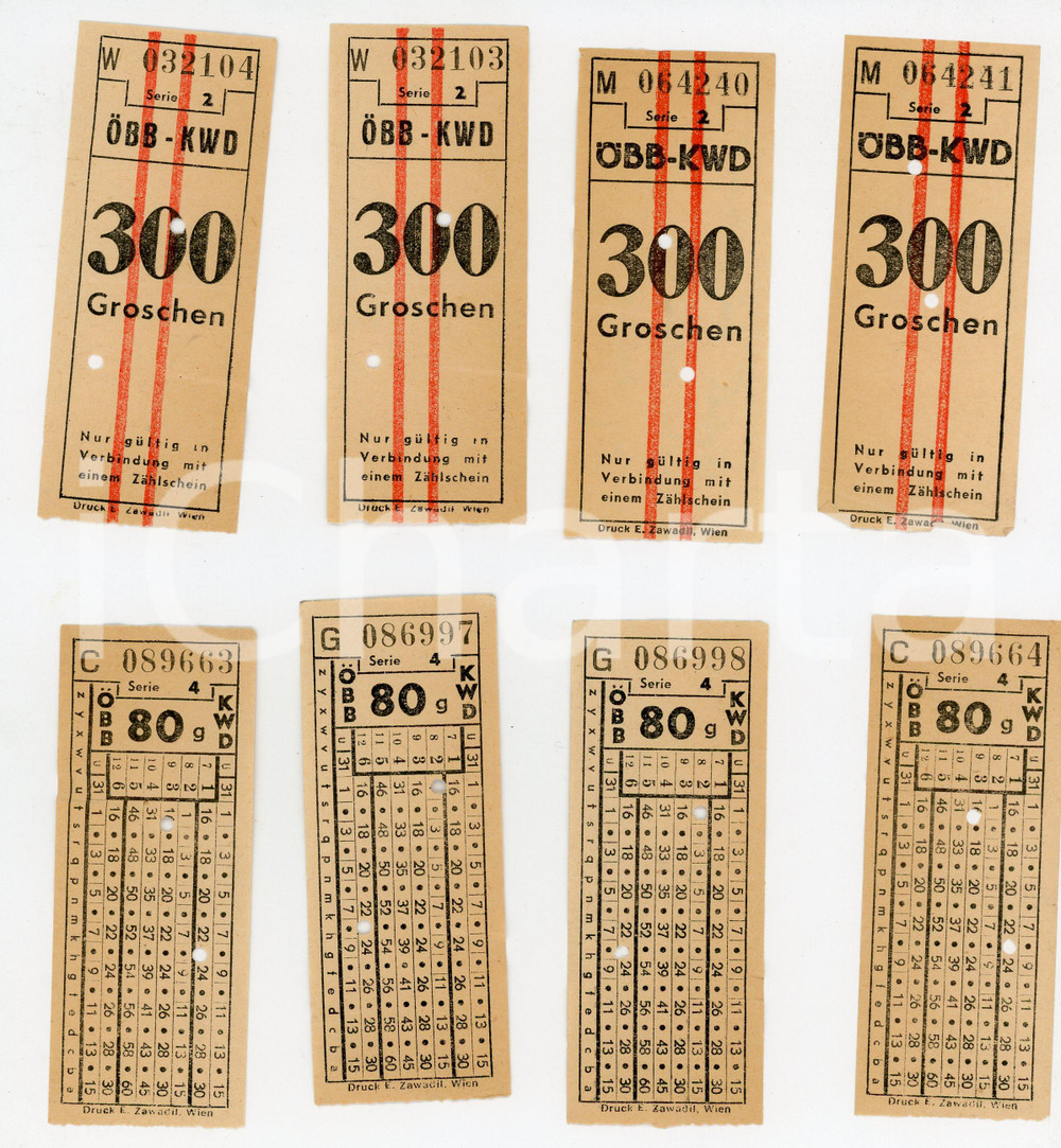 Oggetto da collezione cartaceo 1950 ca OSTERREICH  OBB KWD 300 Groschen  Lot of 8 tickets 3x9 cm 1