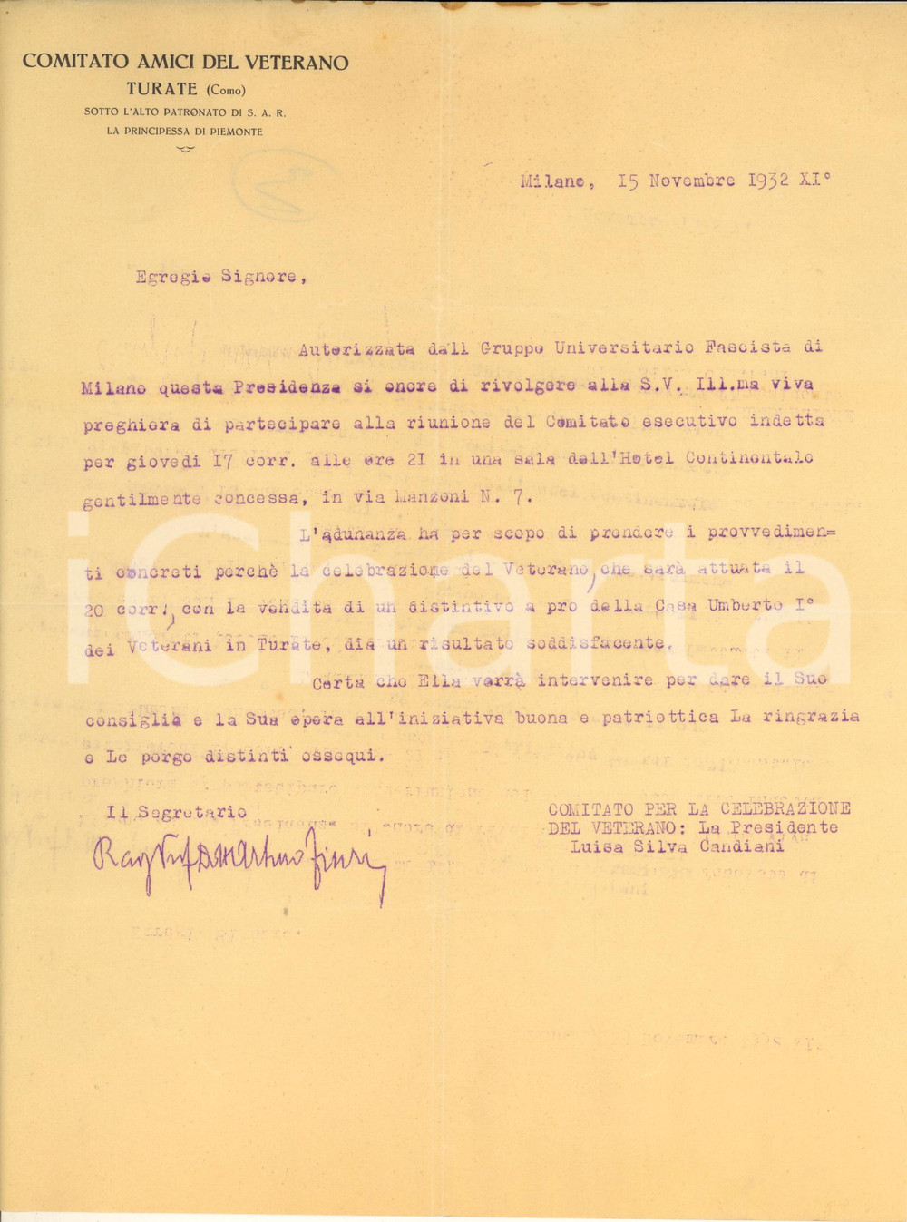 Manoscritto, lettera originale 1932 TURATE CO Comitato Amici del Veterano  Lettera per riunione a Milano 1