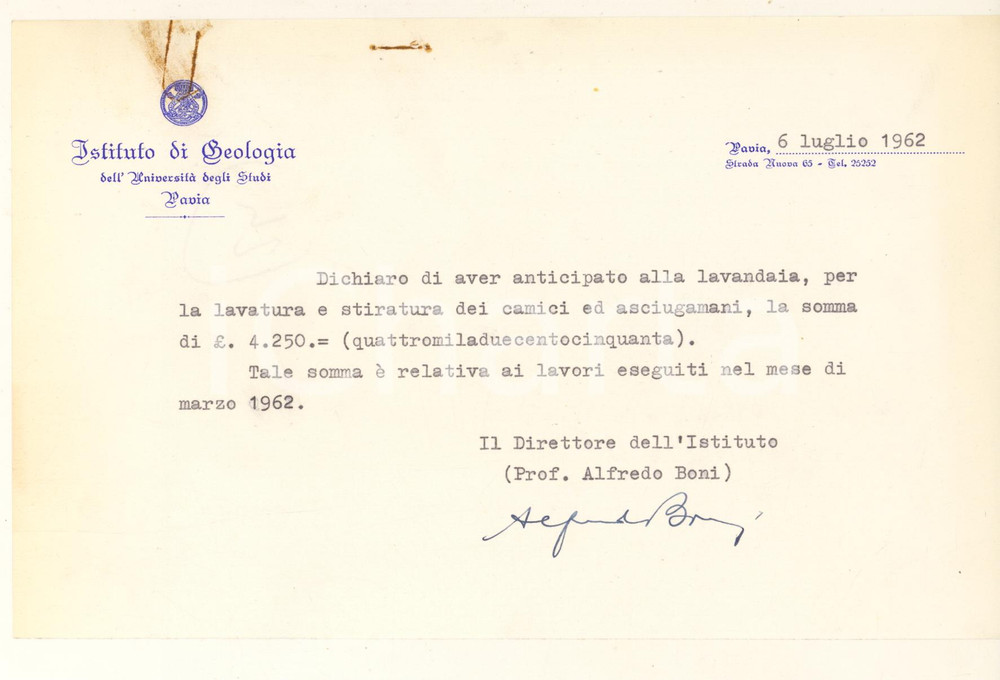 Autografo originale 1962 PAVIA Istituto di Geologia  Prof. Alfredo BONI direttore Autografo 1