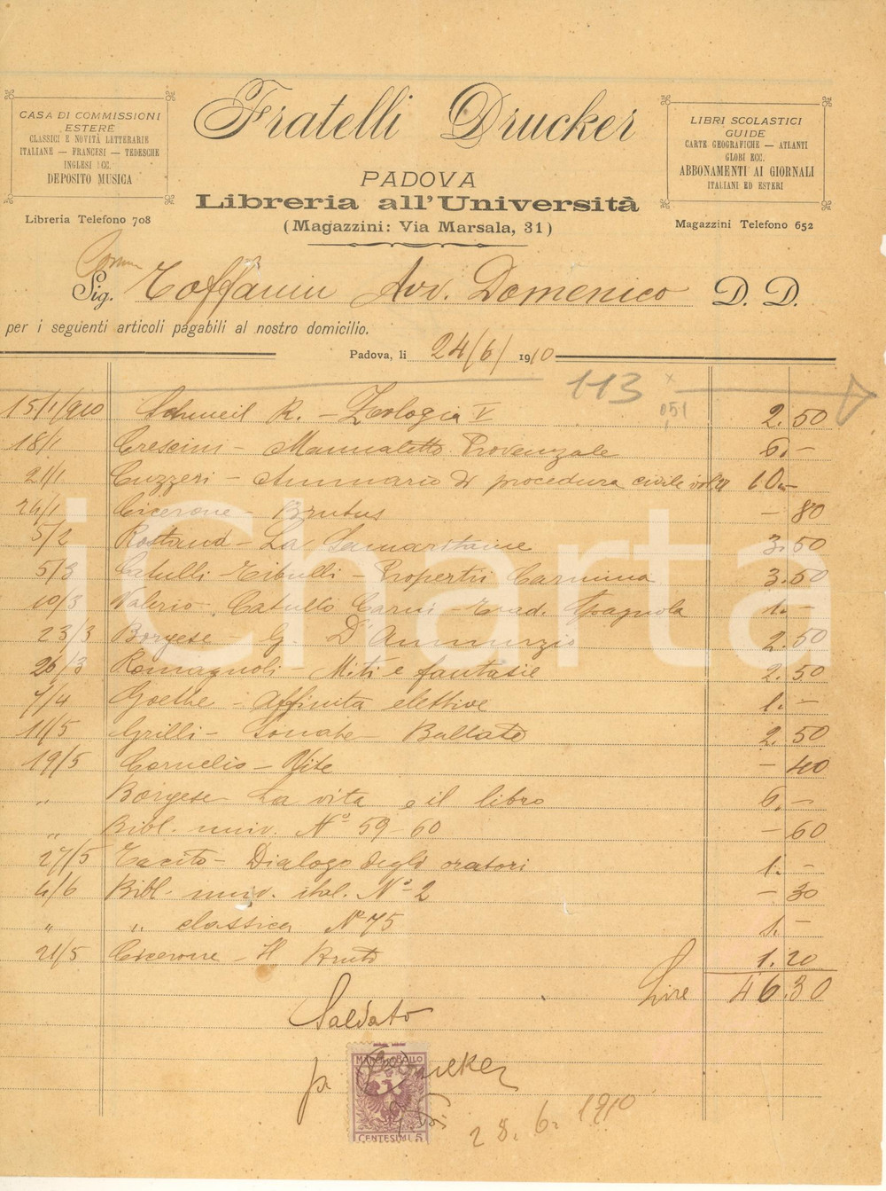 Documento originale, autentico 1910 PADOVA Libreria all Università FRATELLI DRUCKER  Fattura 1
