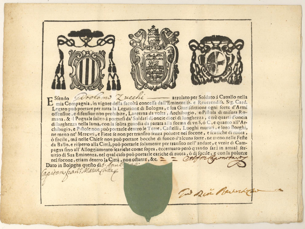 Documento originale, autentico 1699 BOLOGNA Licenza porto d armi Girolamo ZUCCHI soldato compagnia COSTA 1
