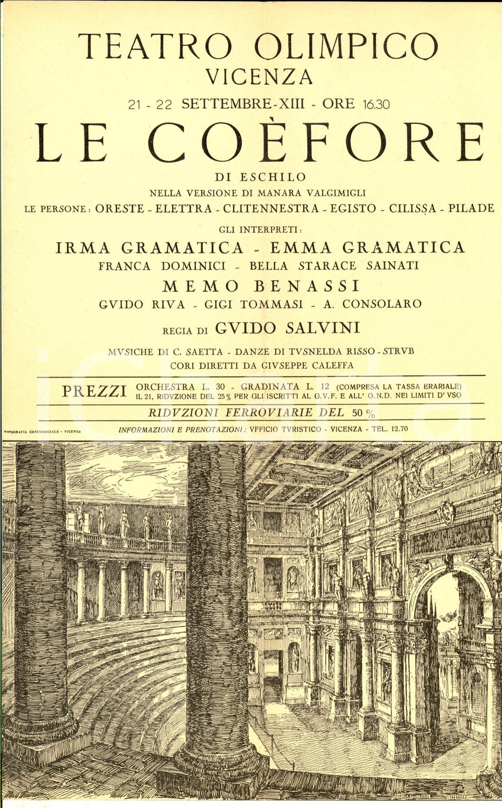 Materiale pubblicitario d’epoca 1935 VICENZA TEATRO OLIMPICO Le Coefore  Regia Guido SALVINI Locandina 3 1