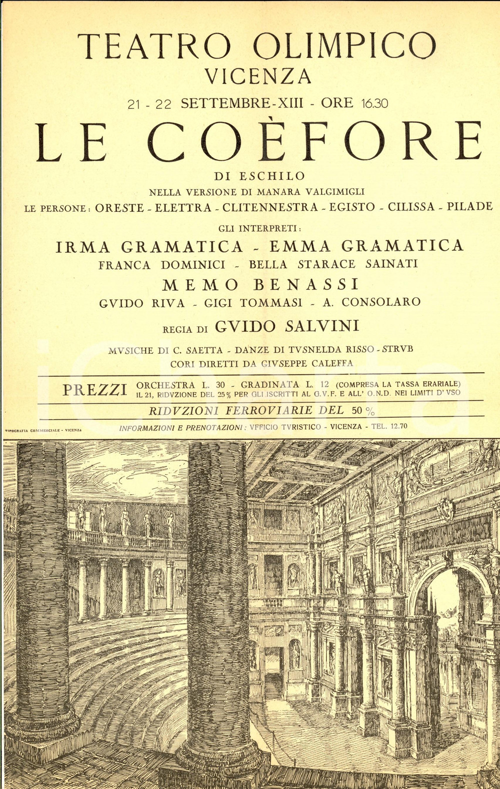 Materiale pubblicitario d’epoca 1935 VICENZA TEATRO OLIMPICO Le Coefore  Regia Guido SALVINI Locandina 2 1