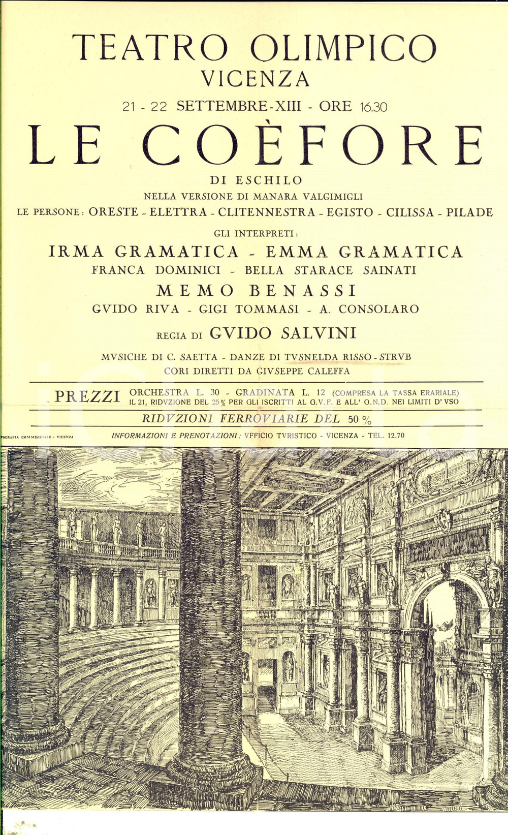 Materiale pubblicitario d’epoca 1935 VICENZA TEATRO OLIMPICO Le Coefore  Regia Guido SALVINI Locandina 4 1