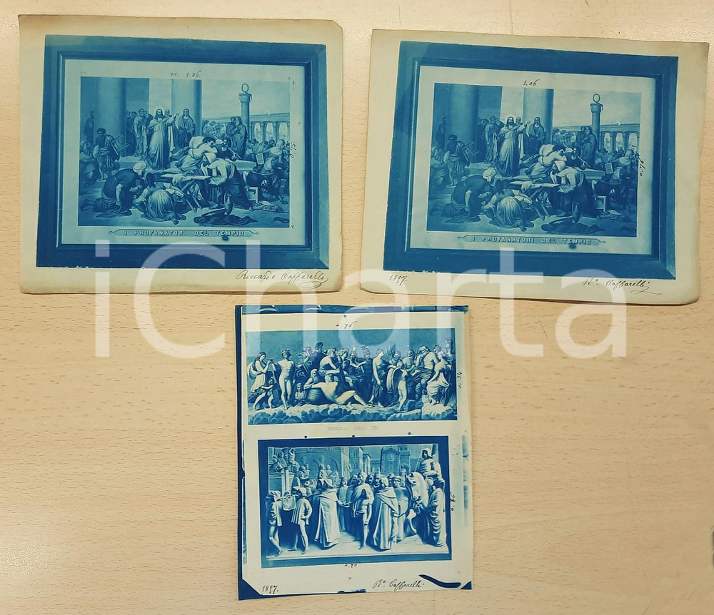 Stampa, bozzetto originale 1897 Lotto 3 stampe  I profanatori del tempio  Consiglio degli dei 1