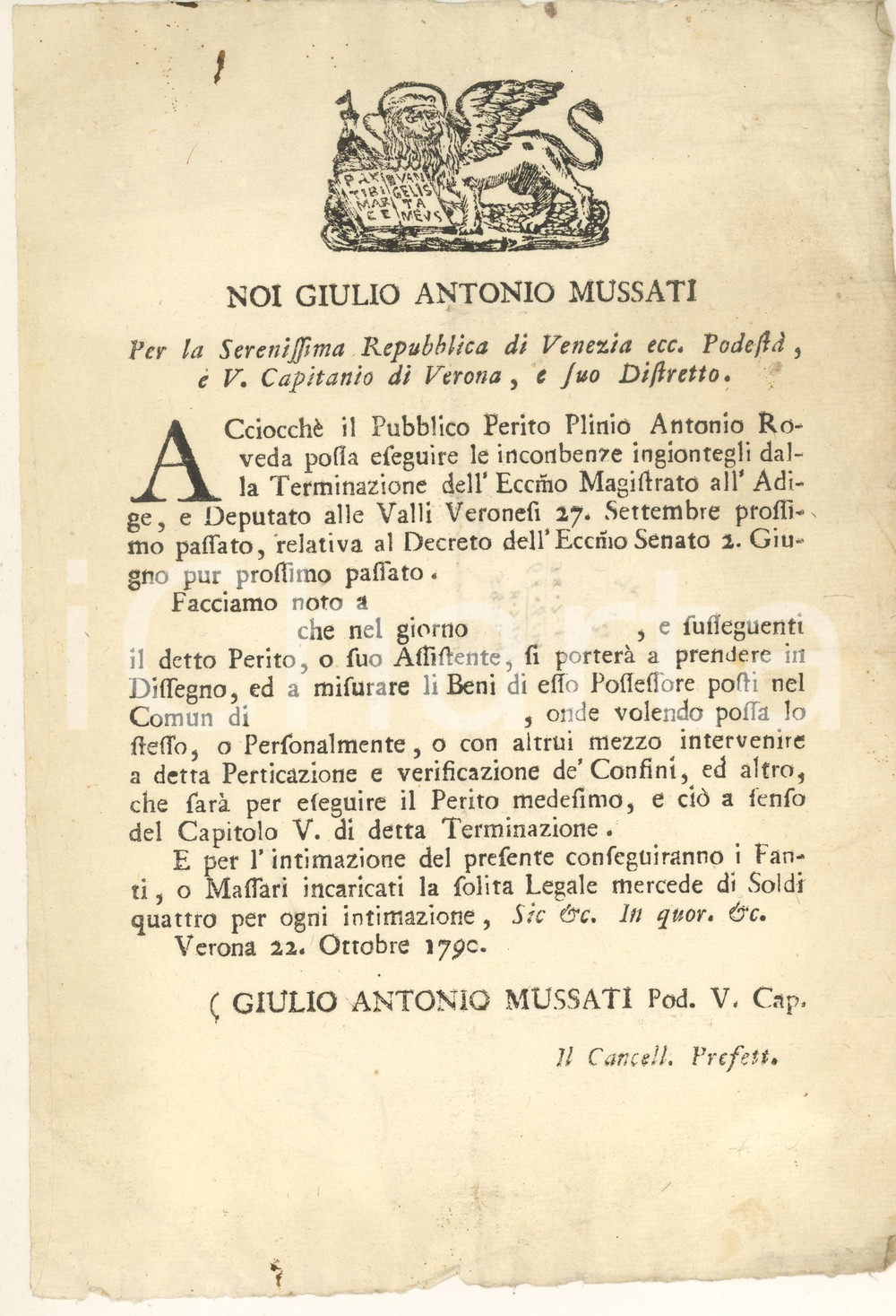 Documento originale, autentico 1790 VERONA Misure del perito Plinio Antonio ROVEDA  Manifesto 21x30 cm 1