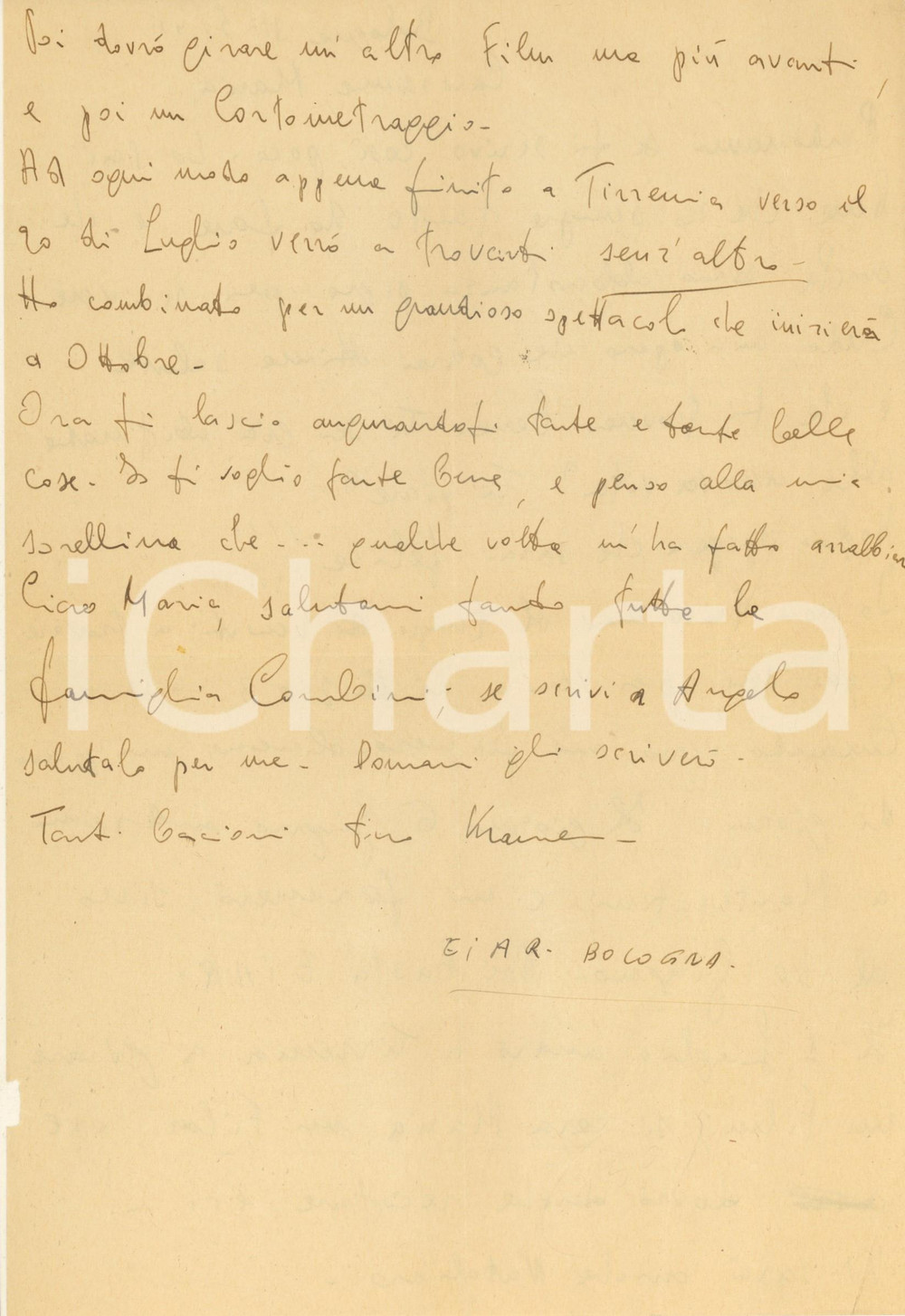 Autografo originale 1943 EIAR BOLOGNA Lettera Gorni KRAMER  Film con Natalino Otto Autografo 1
