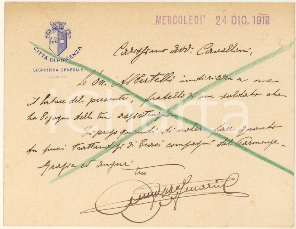 Oggetto da collezione cartaceo 1919 PIACENZA Segreteria Generale  Biglietto Giuseppe Ferrarini Autografo 1