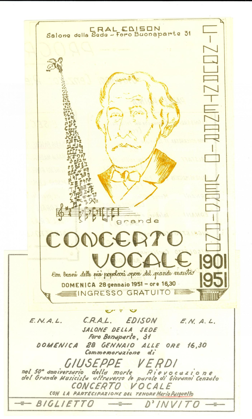 Materiale pubblicitario d’epoca 1951 CRAL EDISON MILANO Mario PASQUETTO per Cinquantenario Verdiano  Concerto 1