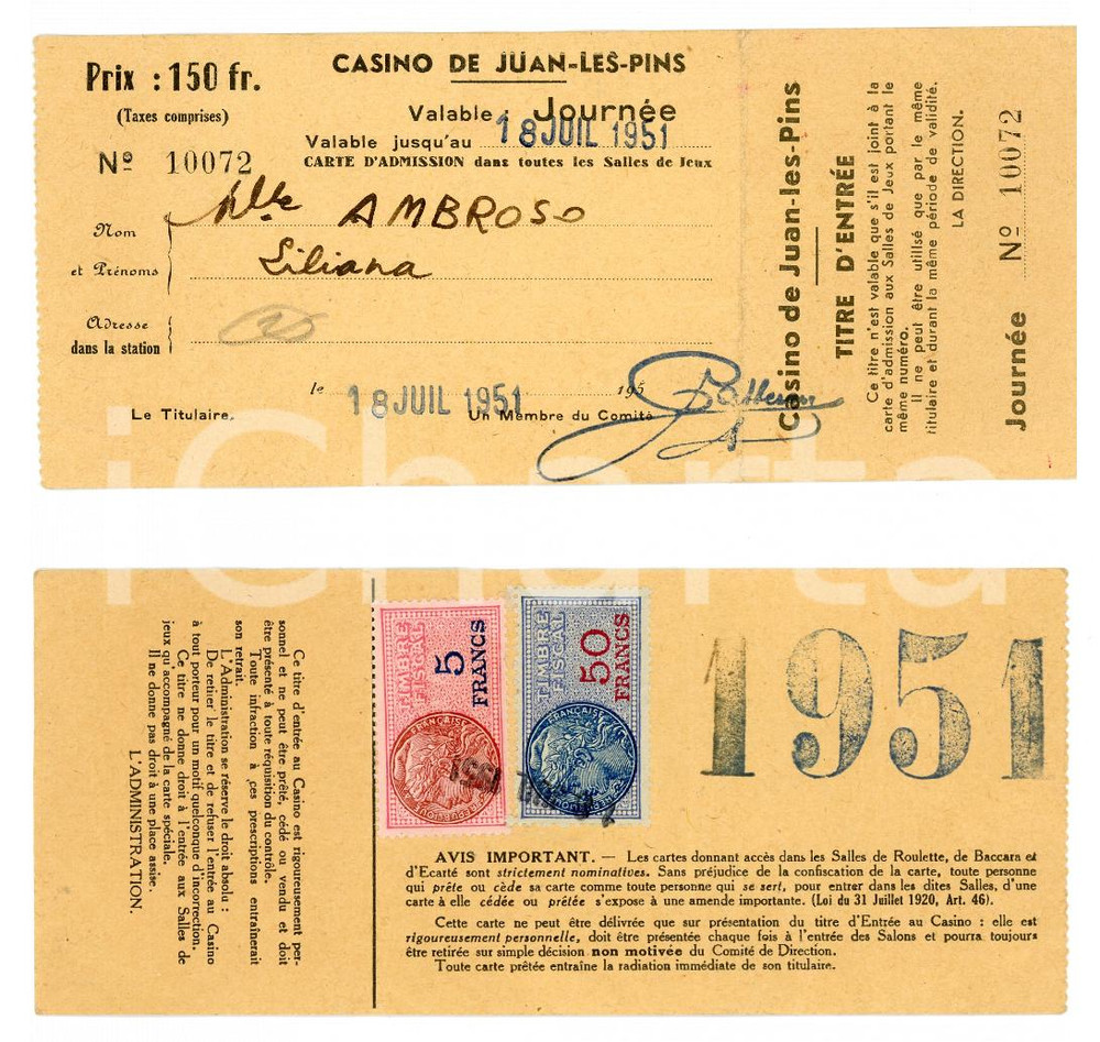 Oggetto da collezione cartaceo 1951 CASINO DE JUANLESPINS Titre d entrÃ©e 16x7 cm 1