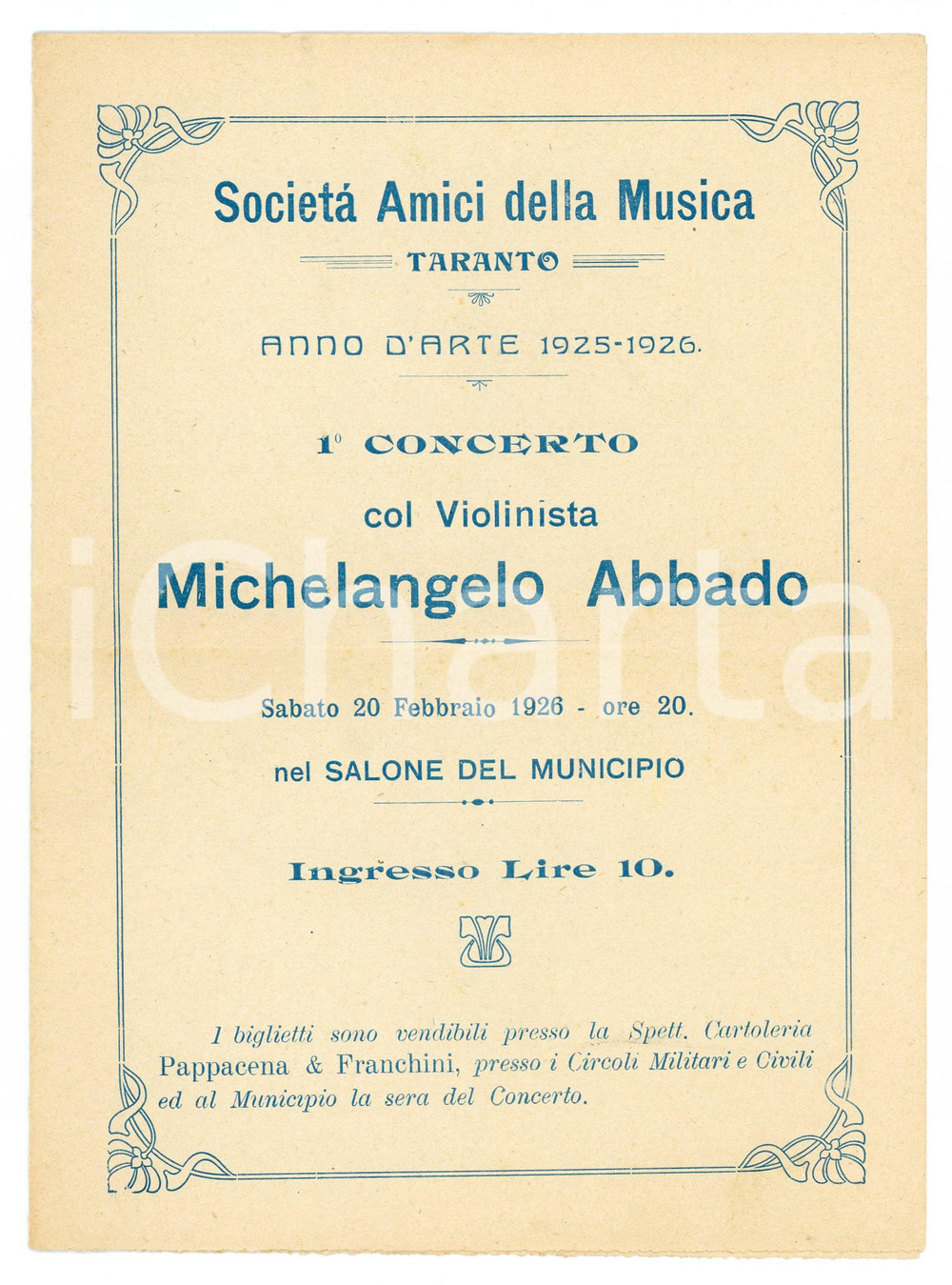 Materiale pubblicitario d’epoca 1926 TARANTO Concerto Michelangelo ABBADO Società Amici della Musica  Programma 1