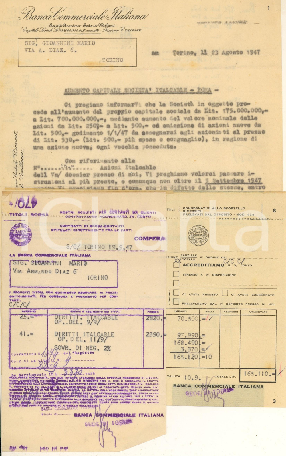 Documento originale, autentico 1947 BANCA COMMERCIALE ITALIANA Lettera aumento capitale ITALCABLE 1