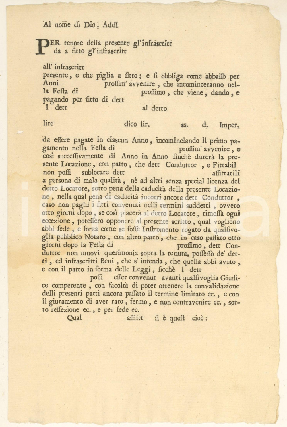 Documento originale, autentico 1800 ca ITALIA Contratto di affitto  Modello a stampa non compilato 1